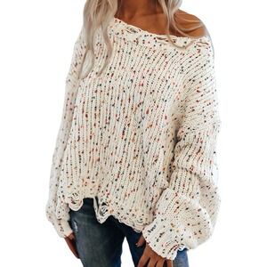 ENTRO Oversized Distressed Confetti Sweater Womens L Cream Chunky Boho NWT